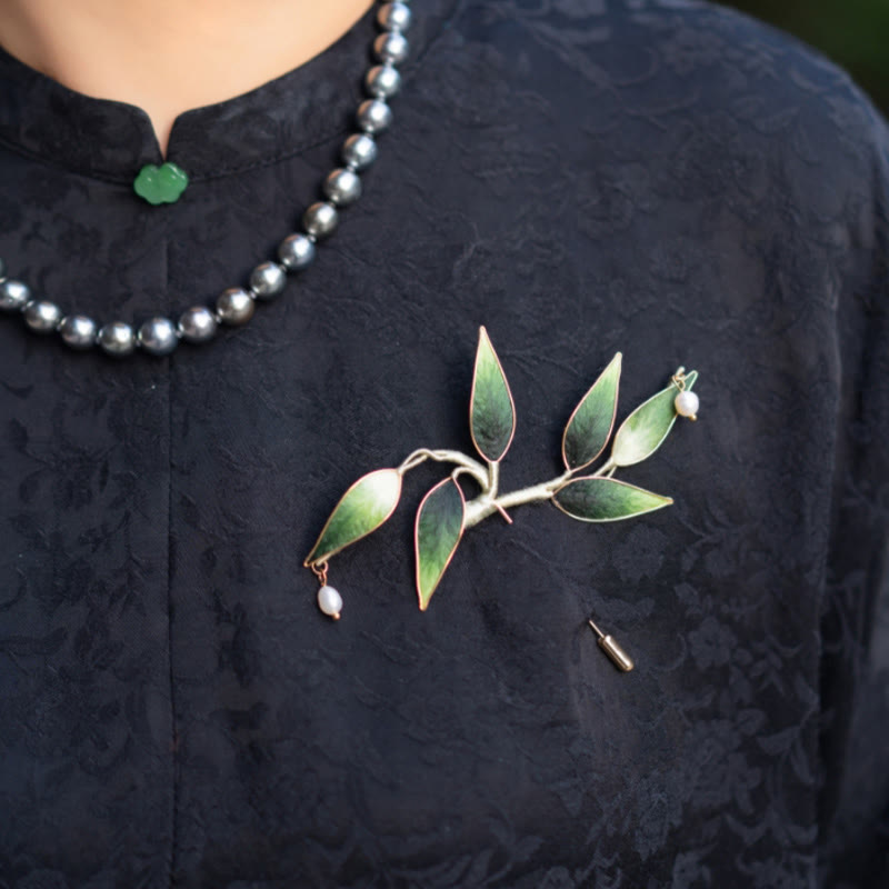 Buddha Stones Handmade Yangzhou Velvet Flower Mulberry Silk Green Bamboo Brooch - Green Bamboo - image 0