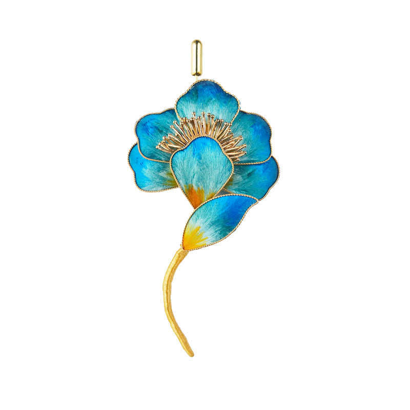 Buddha Stones Handmade Velvet Flower Mulberry Silk Blue Flower Brooch - image 5