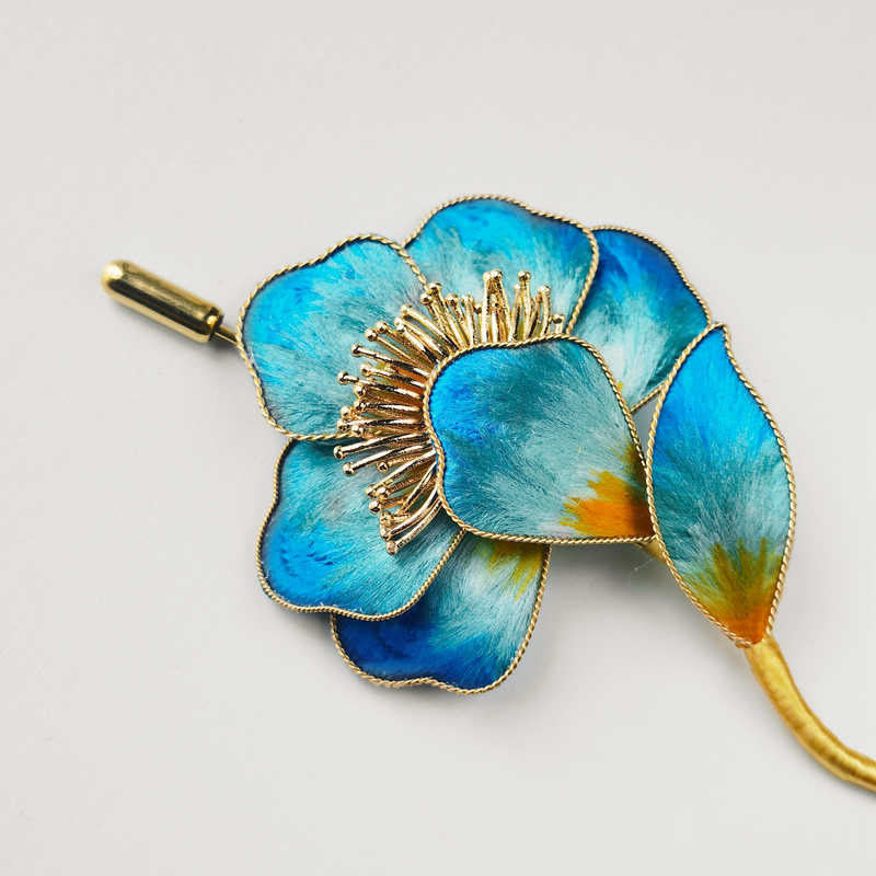 Buddha Stones Handmade Velvet Flower Mulberry Silk Blue Flower Brooch - image 4