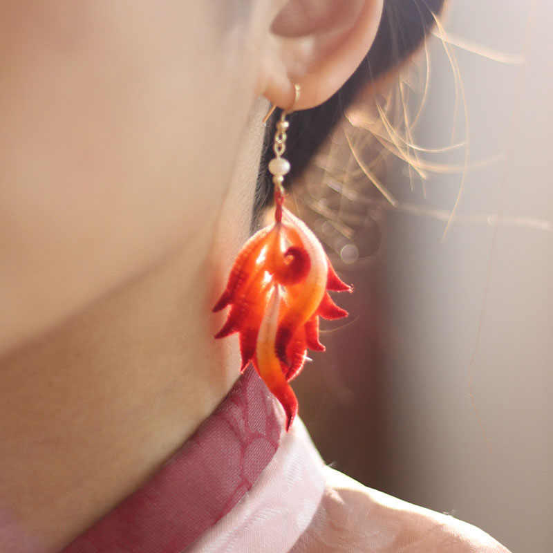 Buddha Stones 14K Gold-plated Copper Handmade Velvet Flower Mulberry Silk Red Feather Drop Earrings - Red Feather - image 0