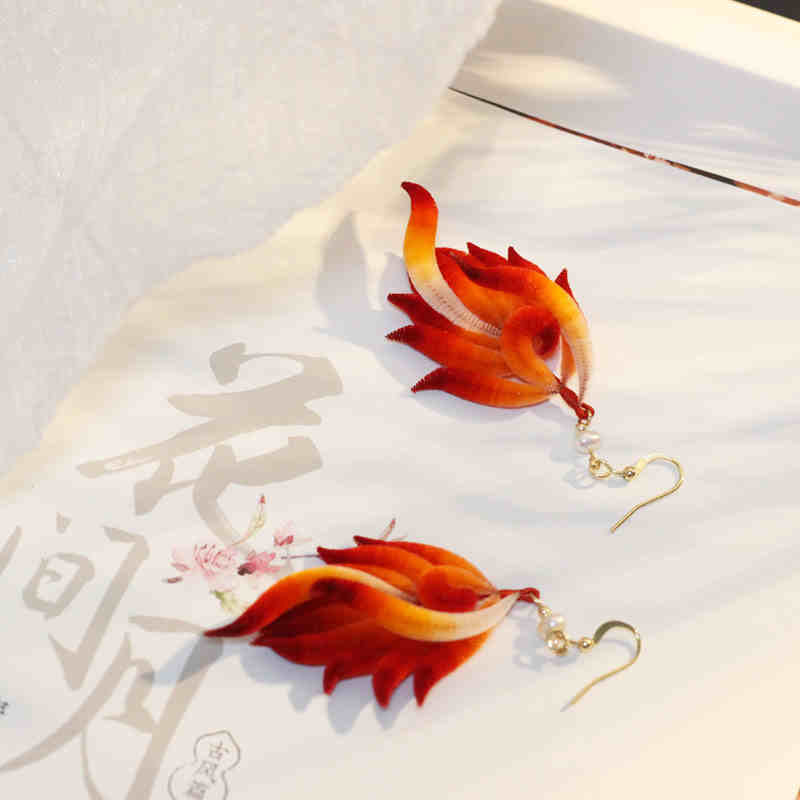 Buddha Stones 14K Gold-plated Copper Handmade Velvet Flower Mulberry Silk Red Feather Drop Earrings - image 1