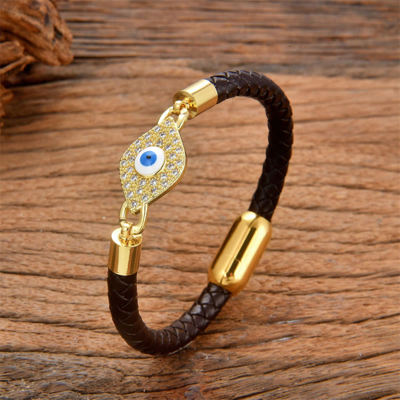 Buddha Stones Evil Eye Protection Leather Metal Buckle Bracelet - Blue Evil Eye - 18-22cm - image 0
