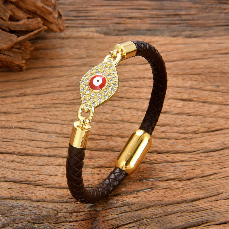 Buddha Stones Evil Eye Protection Leather Metal Buckle Bracelet - Red Evil Eye - 18-22cm - image 1