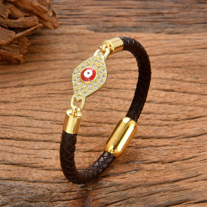 Buddha Stones Evil Eye Protection Leather Metal Buckle Bracelet - Red Evil Eye - 18-22cm - image 1