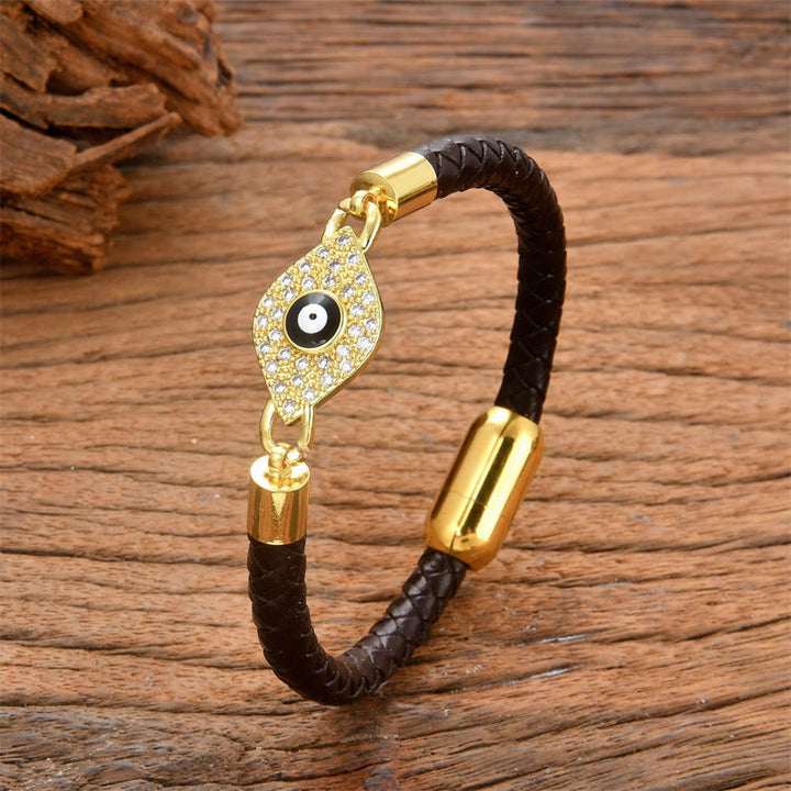 Buddha Stones Evil Eye Protection Leather Metal Buckle Bracelet - Black Evil Eye - 18-22cm - image 2