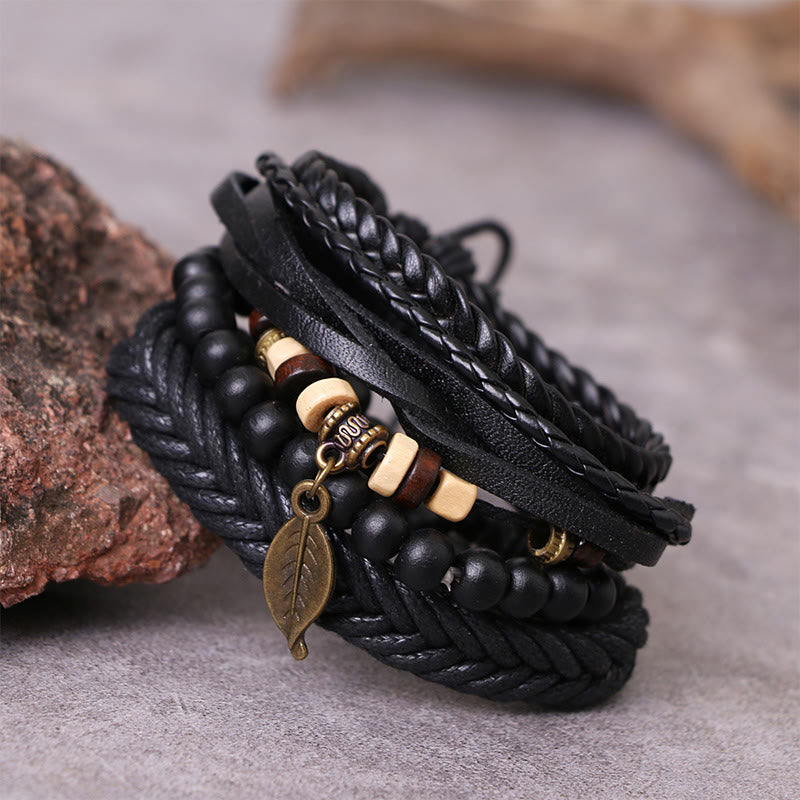 Buddha Stones Leaf Multi-layer Twisted Leather Resin Beads Courage Bracelet Set - image 1