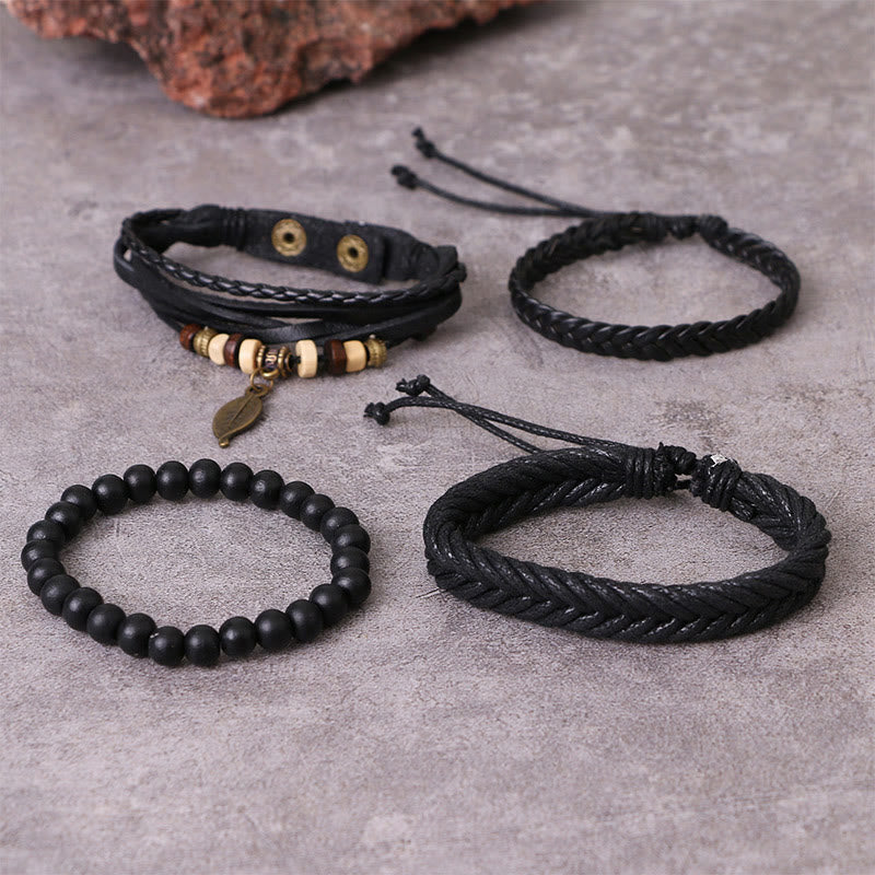 Buddha Stones Leaf Multi-layer Twisted Leather Resin Beads Courage Bracelet Set - image 3