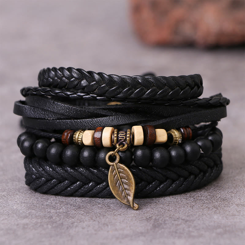 Buddha Stones Leaf Multi-layer Twisted Leather Resin Beads Courage Bracelet Set - Leather Resin Beads Bracelet Set(Wrist Circumference: 20-24CM) - image 0