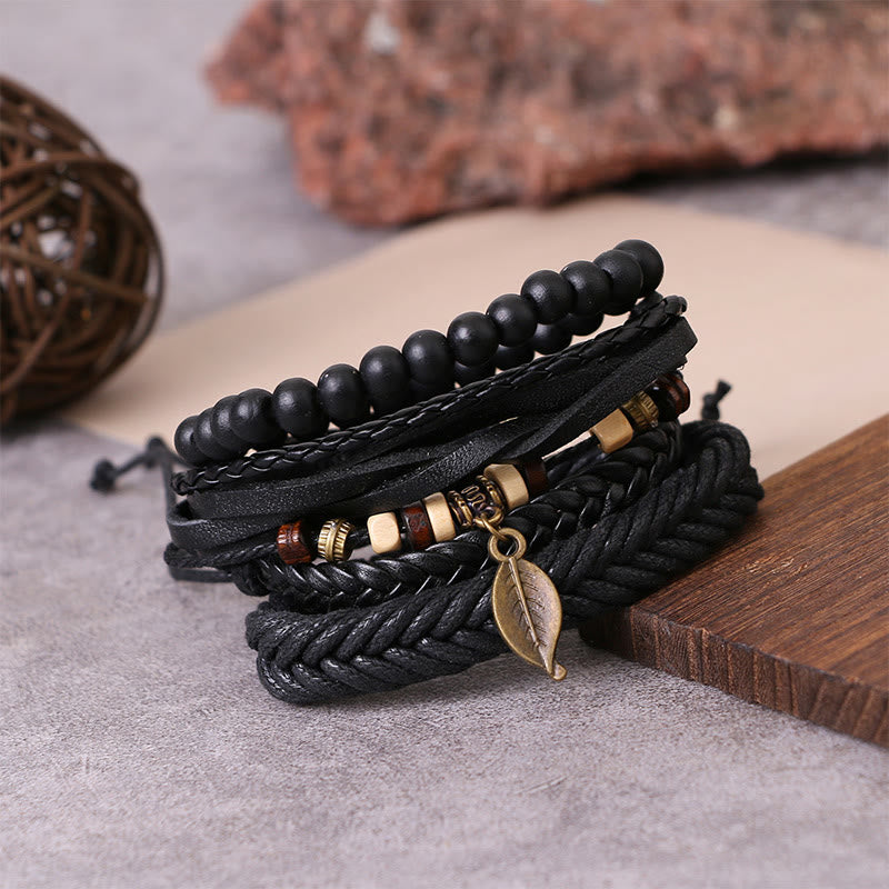 Buddha Stones Leaf Multi-layer Twisted Leather Resin Beads Courage Bracelet Set - image 2