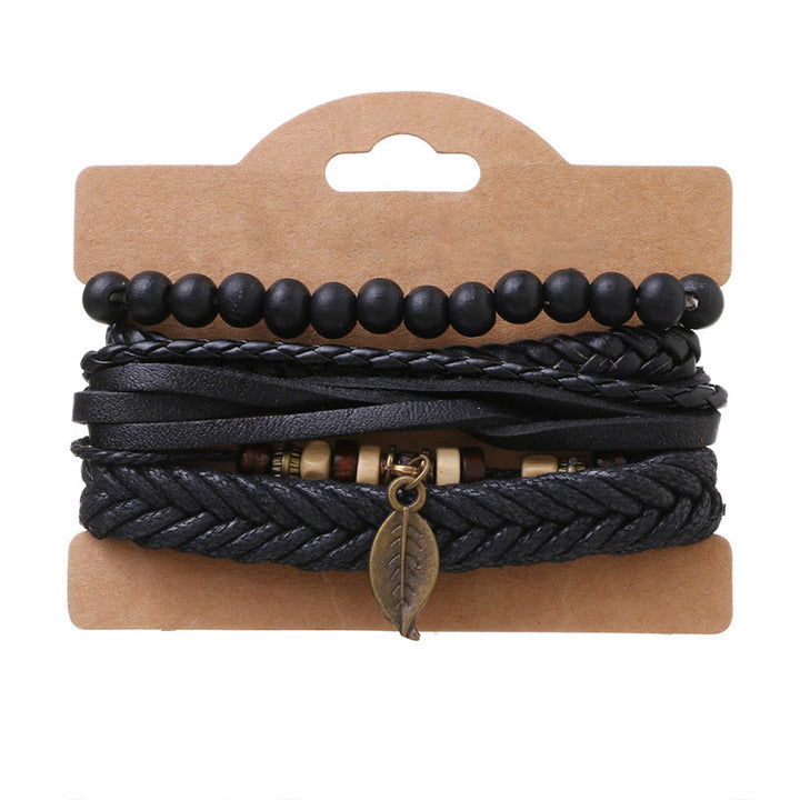 Buddha Stones Leaf Multi-layer Twisted Leather Resin Beads Courage Bracelet Set - image 6