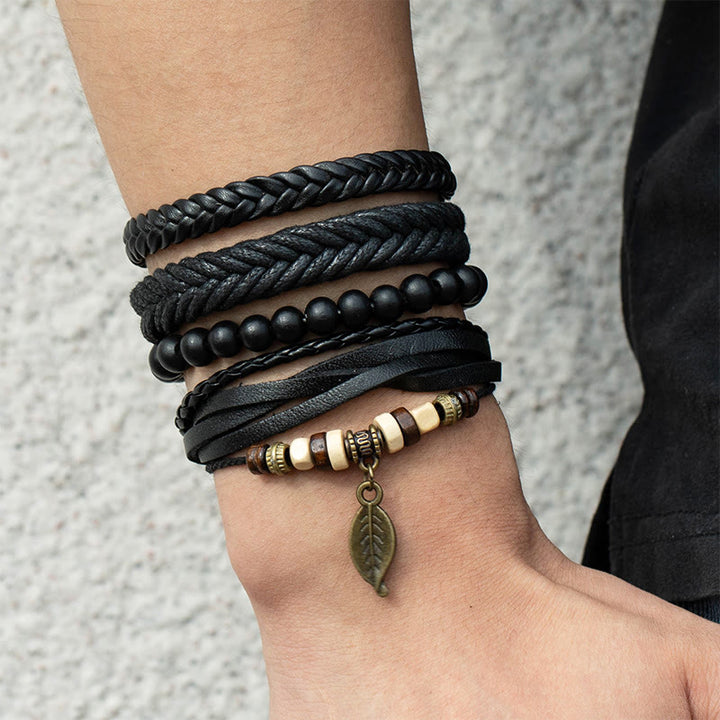 Buddha Stones Leaf Multi-layer Twisted Leather Resin Beads Courage Bracelet Set - image 4
