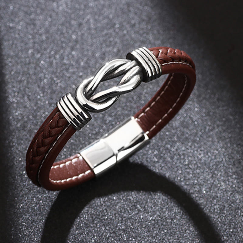 Buddha Stones Fashion Titanium Steel Leather Strengthen Bracelet - Reddish Brown - 21-22cm - image 0