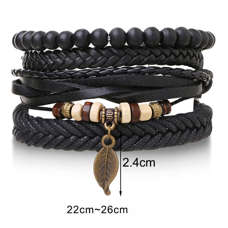 Buddha Stones Leaf Multi-layer Twisted Leather Resin Beads Courage Bracelet Set - image 7