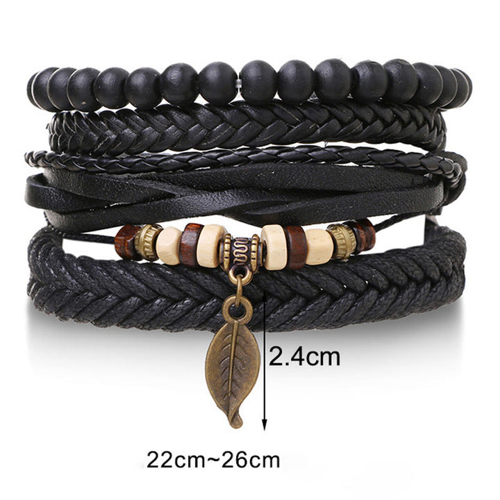 Buddha Stones Leaf Multi-layer Twisted Leather Resin Beads Courage Bracelet Set - image 7