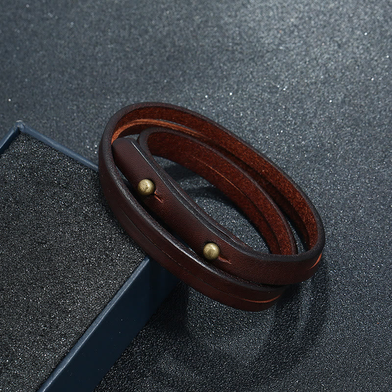 Buddha Stones Vintage Multi-layer Leather Strength Buckle Bracelet - Reddish Brown(Wrist Circumference: 18-36cm) - image 0