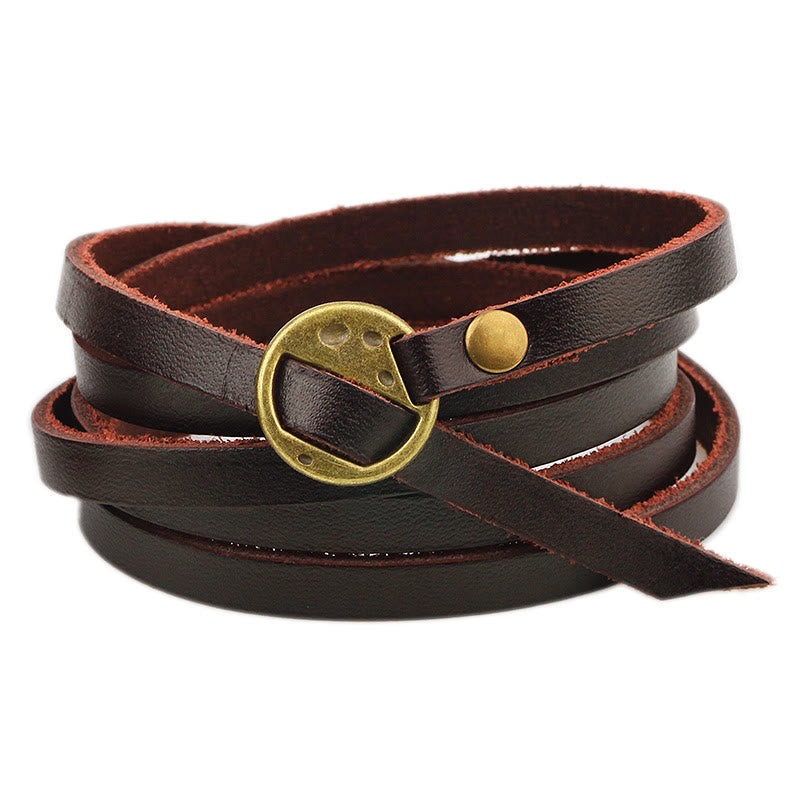Buddha Stones Vintage Multi-layer Leather Buckle Confidence Bracelet - Golden Buckle Smooth Surface - Bracelet Perimeter: 101cm (No Limit On Wrist Size) - image 0