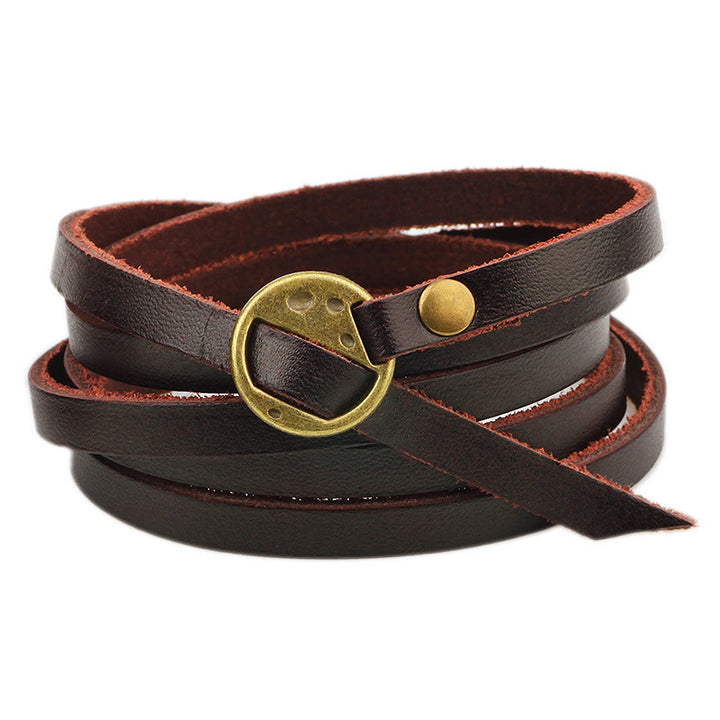 Buddha Stones Vintage Multi-layer Leather Buckle Confidence Bracelet - Golden Buckle Smooth Surface - Bracelet Perimeter: 101cm (No Limit On Wrist Size) - image 0