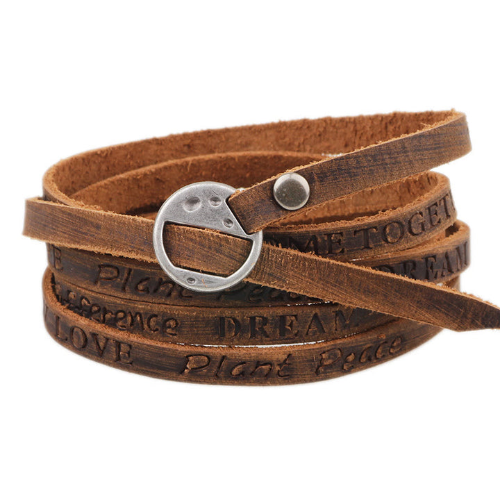 Buddha Stones Vintage Multi-layer Leather Buckle Confidence Bracelet - Silvery Buckle With Words - Bracelet Perimeter: 101cm (No Limit On Wrist Size) - image 2