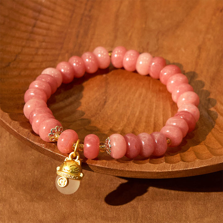 Buddha Stones Strawberry Quartz Cyan Jade Lucky Cat Beads Healing Bracelet - image 3