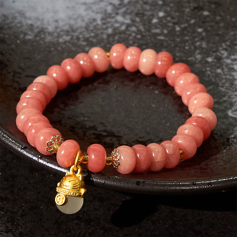 Buddha Stones Strawberry Quartz Cyan Jade Lucky Cat Beads Healing Bracelet - image 1