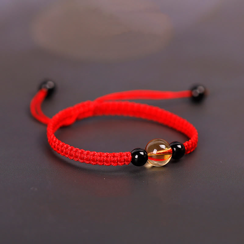 Buddha Stones Handcrafted Citrine Black Obsidian Bead King Kong Knot Peace Knot Luck Rope Bracelet - Red(Wrist Circumference 14-16cm) - Peace Knot - image 1