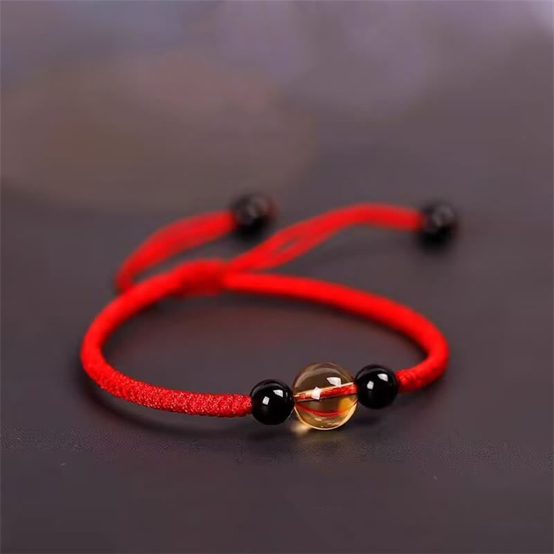 Buddha Stones Handcrafted Citrine Black Obsidian Bead King Kong Knot Peace Knot Luck Rope Bracelet - Red(Wrist Circumference 14-16cm) - King Kong Knot - image 0