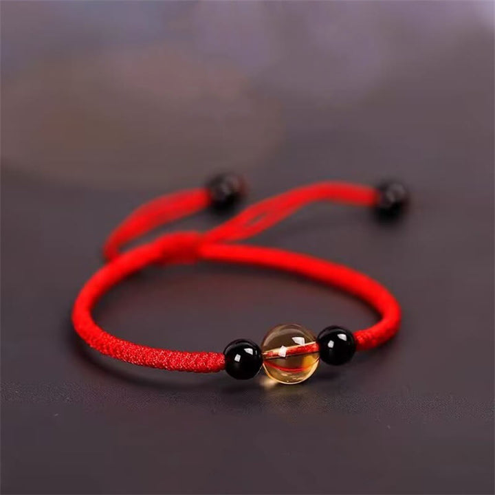 Buddha Stones Handcrafted Citrine Black Obsidian Bead King Kong Knot Peace Knot Luck Rope Bracelet - Red(Wrist Circumference 14-16cm) - King Kong Knot - image 0