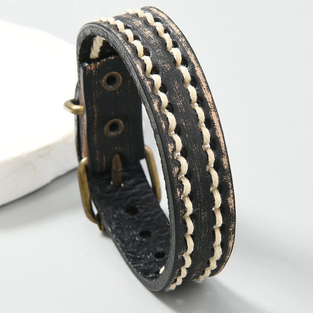 Buddha Stones Vintage Leather Adjustable Buckle Strengthen Bracelet - Black(Wrist Circumference: 17-20cm) - image 4