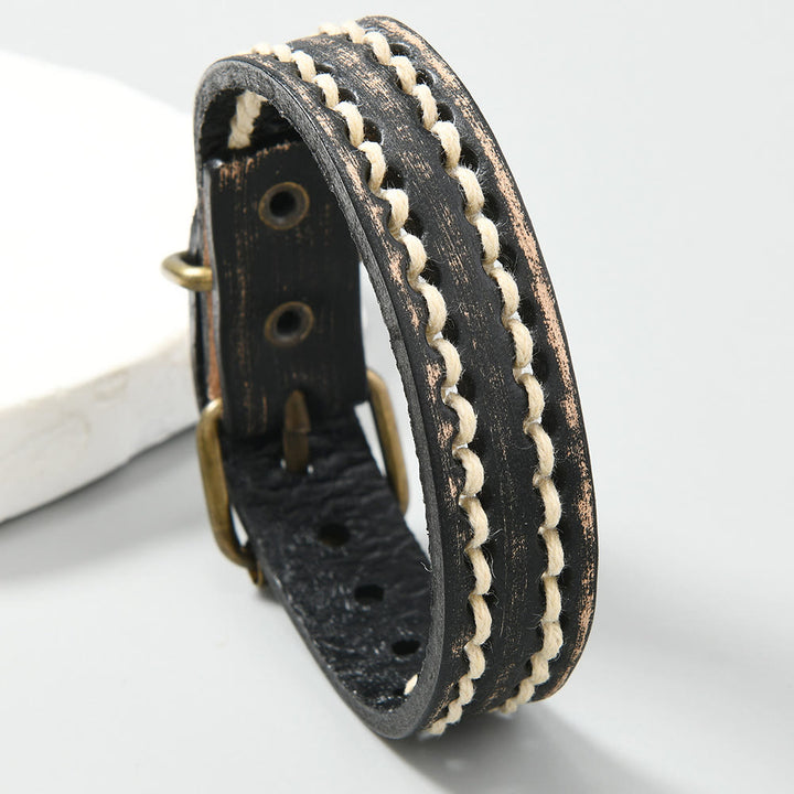 Buddha Stones Vintage Leather Adjustable Buckle Strengthen Bracelet - Black(Wrist Circumference: 17-20cm) - image 4