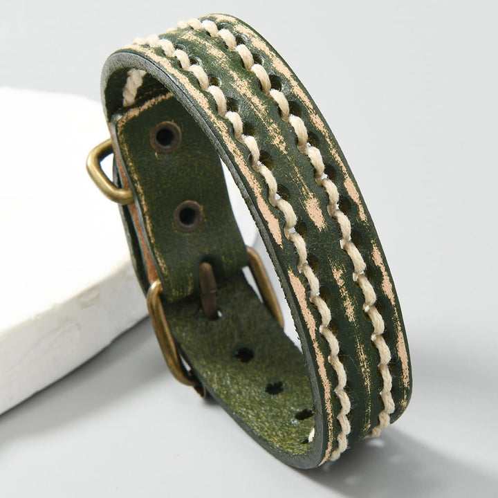 Buddha Stones Vintage Leather Adjustable Buckle Strengthen Bracelet - Dark Green(Wrist Circumference: 17-20cm) - image 17