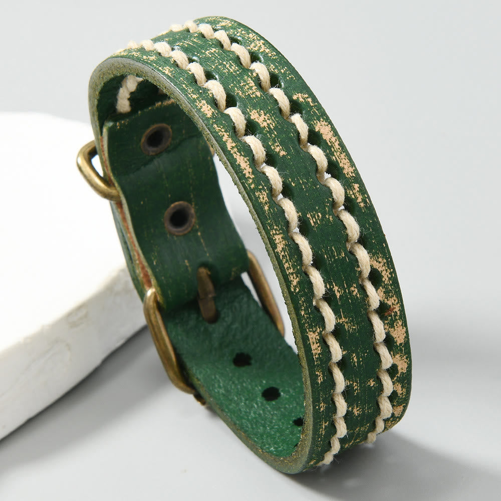 Buddha Stones Vintage Leather Adjustable Buckle Strengthen Bracelet - Light Green(Wrist Circumference: 17-20cm) - image 0