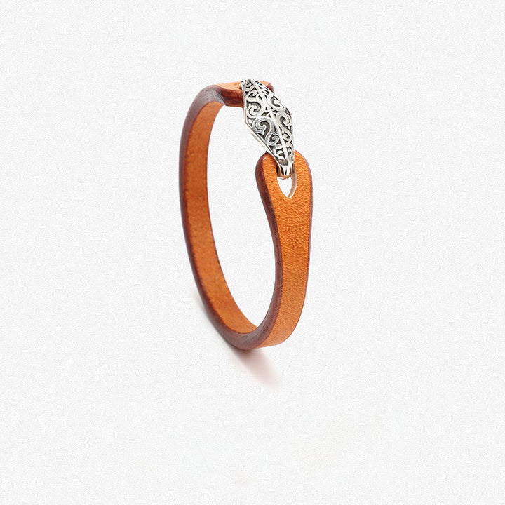 Buddha Stones 925 Sterling Silver Leather Multi-turn Protection Bracelet - Single Circle-16-18cm - Orange & Engraved Buckle - image 5