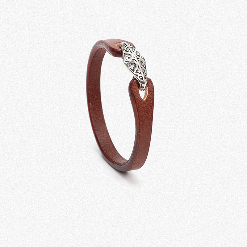 Buddha Stones 925 Sterling Silver Leather Multi-turn Protection Bracelet - Single Circle-16-18cm - Brown & Engraved Buckle - image 1