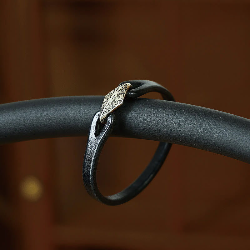 Buddha Stones 925 Sterling Silver Leather Multi-turn Protection Bracelet - Single Circle-16-18cm - Black & Engraved Buckle - image 9