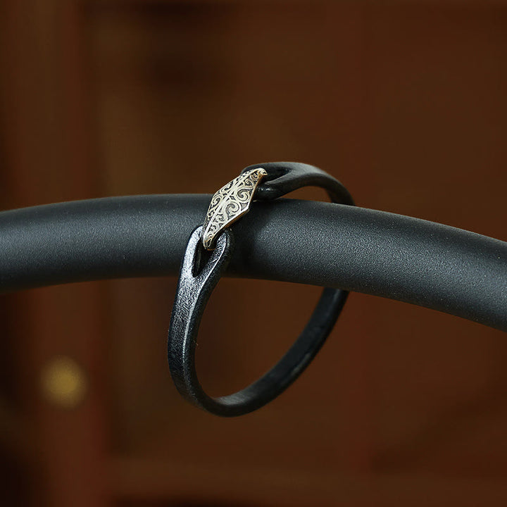 Buddha Stones 925 Sterling Silver Leather Multi-turn Protection Bracelet - Single Circle-16-18cm - Black & Engraved Buckle - image 9