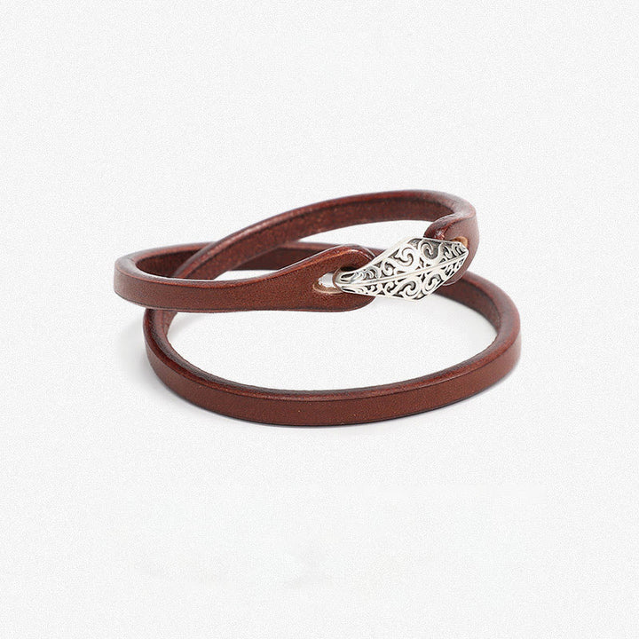 Buddha Stones 925 Sterling Silver Leather Multi-turn Protection Bracelet - Double Circle-19-20cm - Brown & Engraved Buckle - image 17