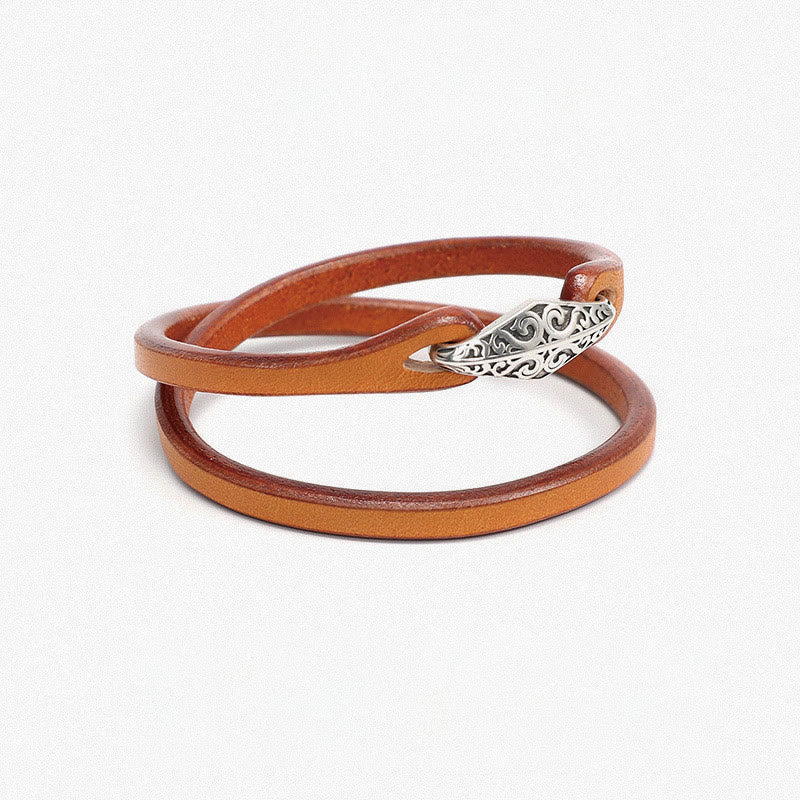 Buddha Stones 925 Sterling Silver Leather Multi-turn Protection Bracelet - Double Circle-19-20cm - Orange & Engraved Buckle - image 20
