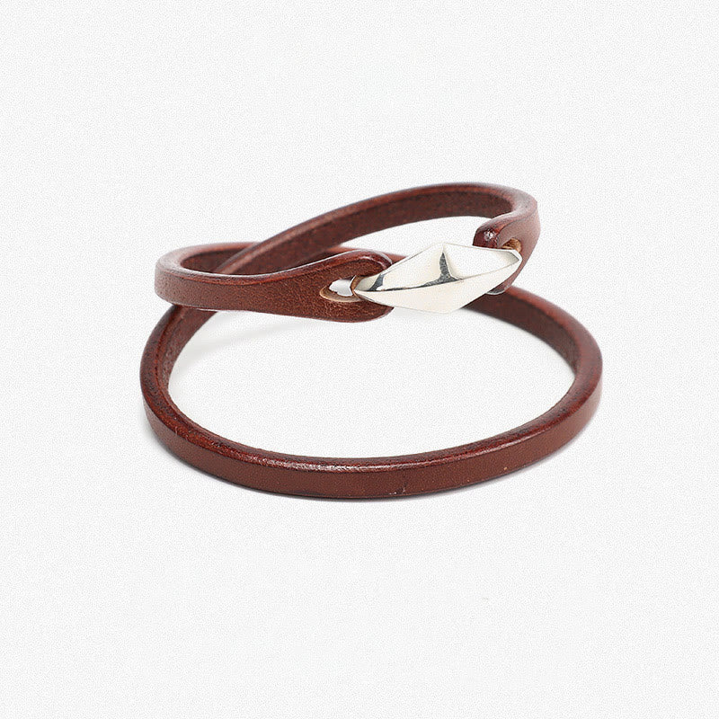 Buddha Stones 925 Sterling Silver Leather Multi-turn Protection Bracelet - Double Circle-19-20cm - Brown & Smooth Buckle - image 33