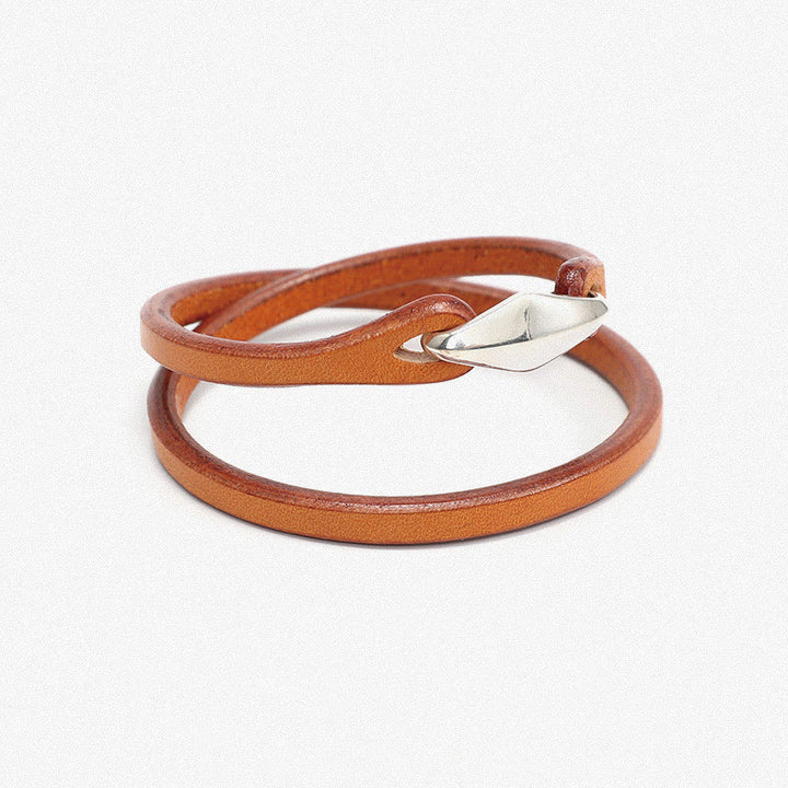 Buddha Stones 925 Sterling Silver Leather Multi-turn Protection Bracelet - Double Circle-19-20cm - Orange & Smooth Buckle - image 34