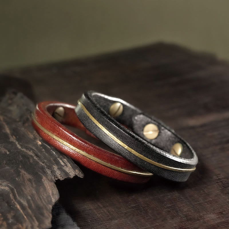Buddha Stones Vintage Leather Copper Brass Wire Healing Bangle Bracelet - image 19