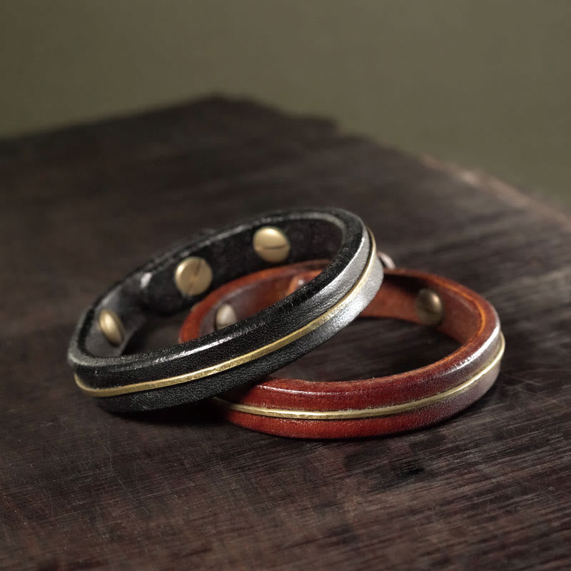 Buddha Stones Vintage Leather Copper Brass Wire Healing Bangle Bracelet - image 0