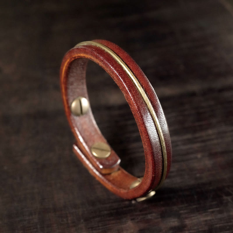 Buddha Stones Vintage Leather Copper Brass Wire Healing Bangle Bracelet - Brown - 17-17.6cm - image 1