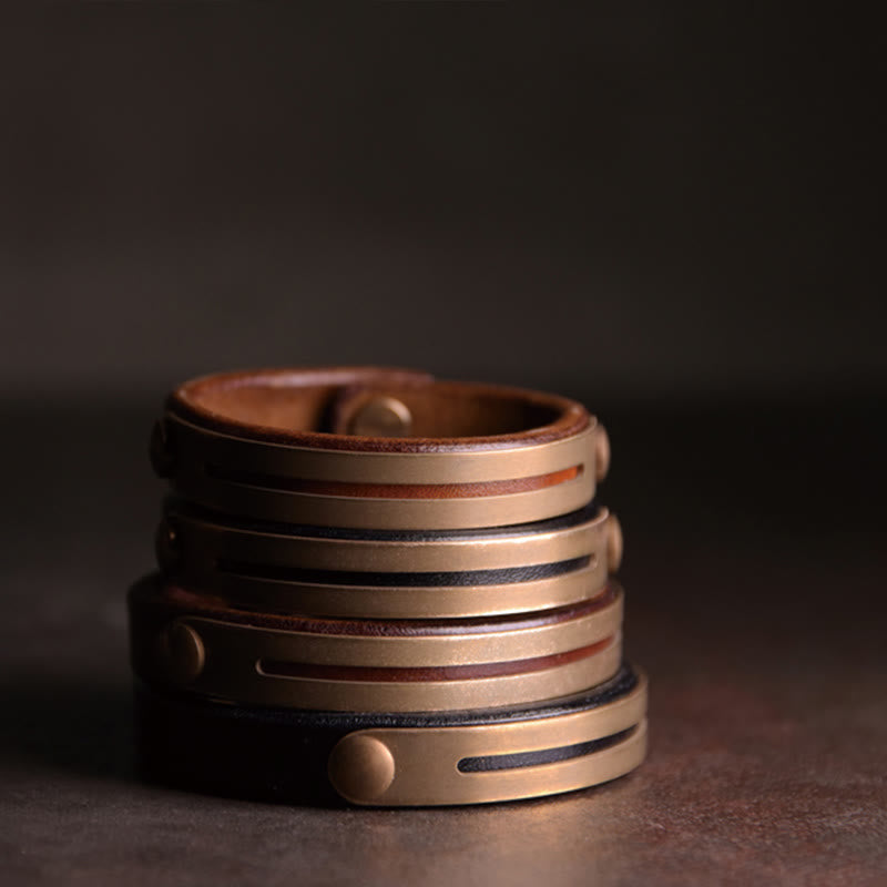 Buddha Stones Vintage Leather Copper Brass Balance Bangle Bracelet - image 12