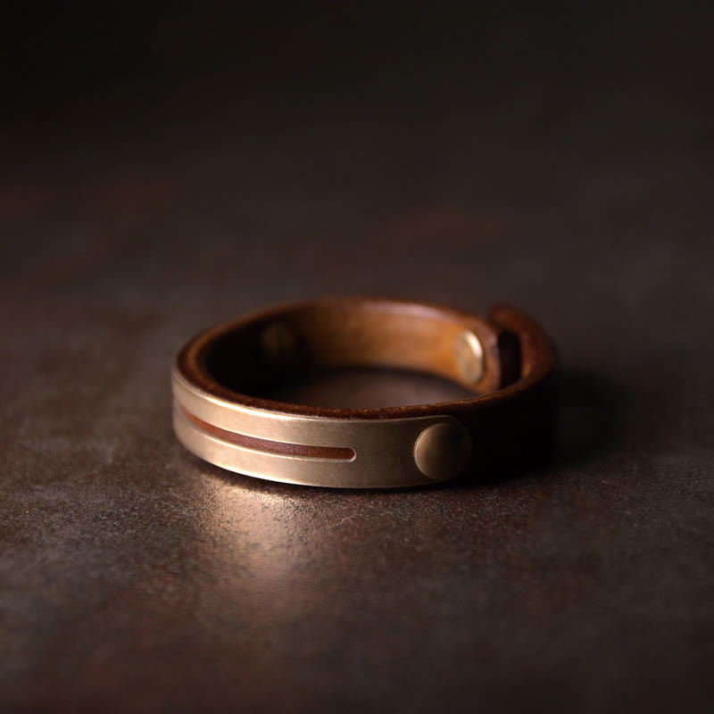 Buddha Stones Vintage Leather Copper Brass Balance Bangle Bracelet - Brown - 17-17.6cm - image 0