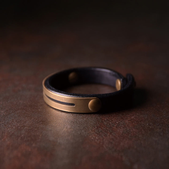 Buddha Stones Vintage Leather Copper Brass Balance Bangle Bracelet - Black - 17-17.6cm - image 5