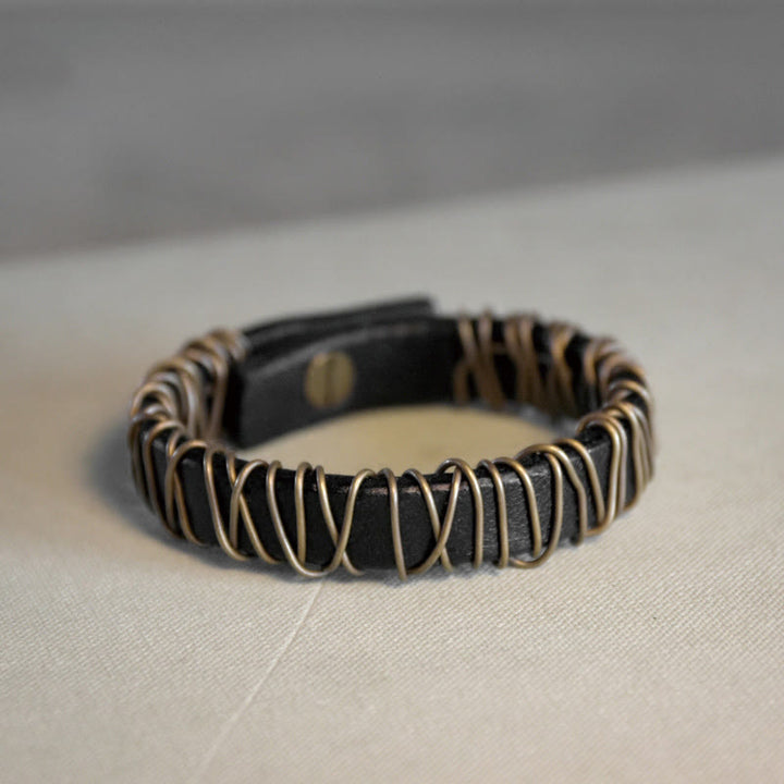 Buddha Stones Vintage Leather Copper Brass Wire Wrap Balance Bracelet - Black - 17-17.6cm - image 12