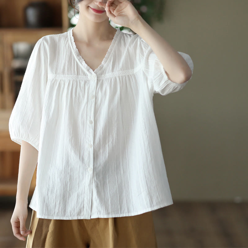 Buddha Stones Women's Pure White Lace V-neck Design Half Sleeve Cotton Shirt - image 10