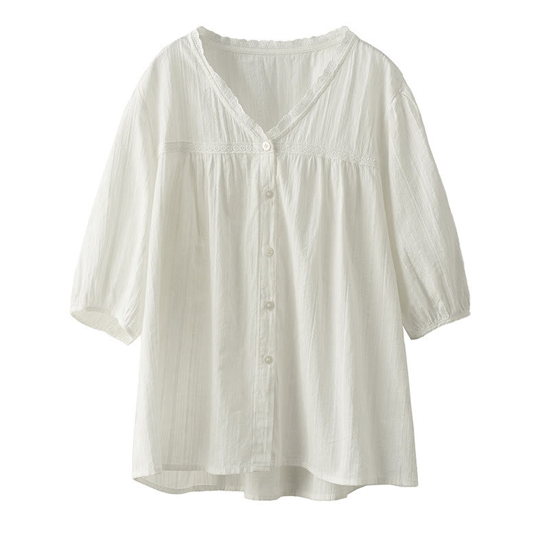 Buddha Stones Women's Pure White Lace V-neck Design Half Sleeve Cotton Shirt - image 12