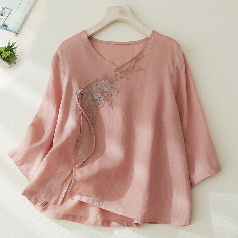 Buddha Stones Casual Women's Embroidery Plants Design Three Quarter Sleeve Cotton Linen Shirt - MistyRose - US8-10，UK/AU12-14，EU40-42 (2XL) - image 0