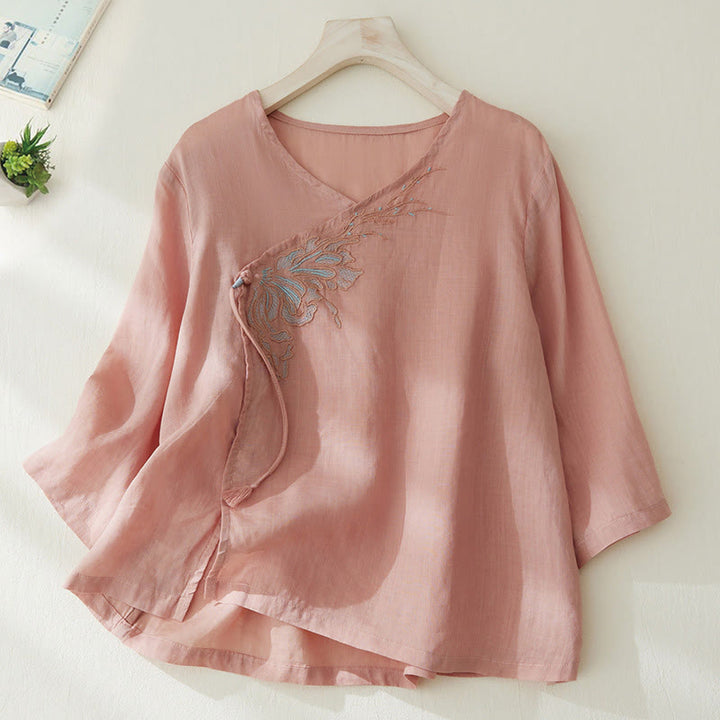 Buddha Stones Casual Women's Embroidery Plants Design Three Quarter Sleeve Cotton Linen Shirt - MistyRose - US8-10，UK/AU12-14，EU40-42 (2XL) - image 0
